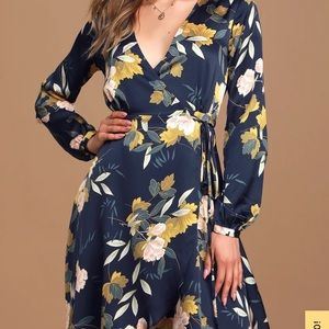 LuLus Navy Blue Floral Print Satin Wrap Dress